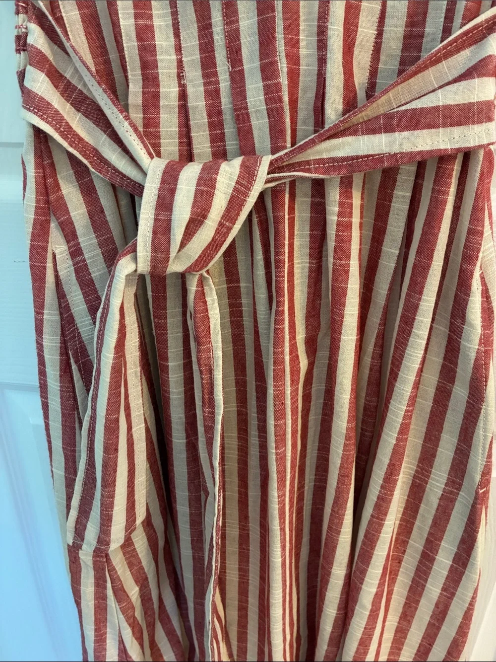 Max Studio Red and White Striped V-Neck Belted Midi Dress - Picture 3 of 9